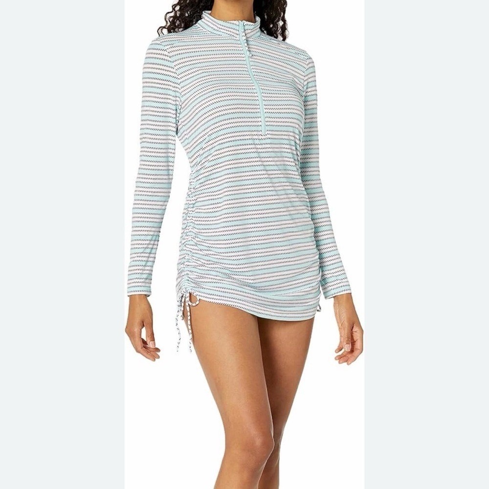 Carve Designs Womens Mint Green Striped Quarter Zip Rash Guard Swim Dress Medium